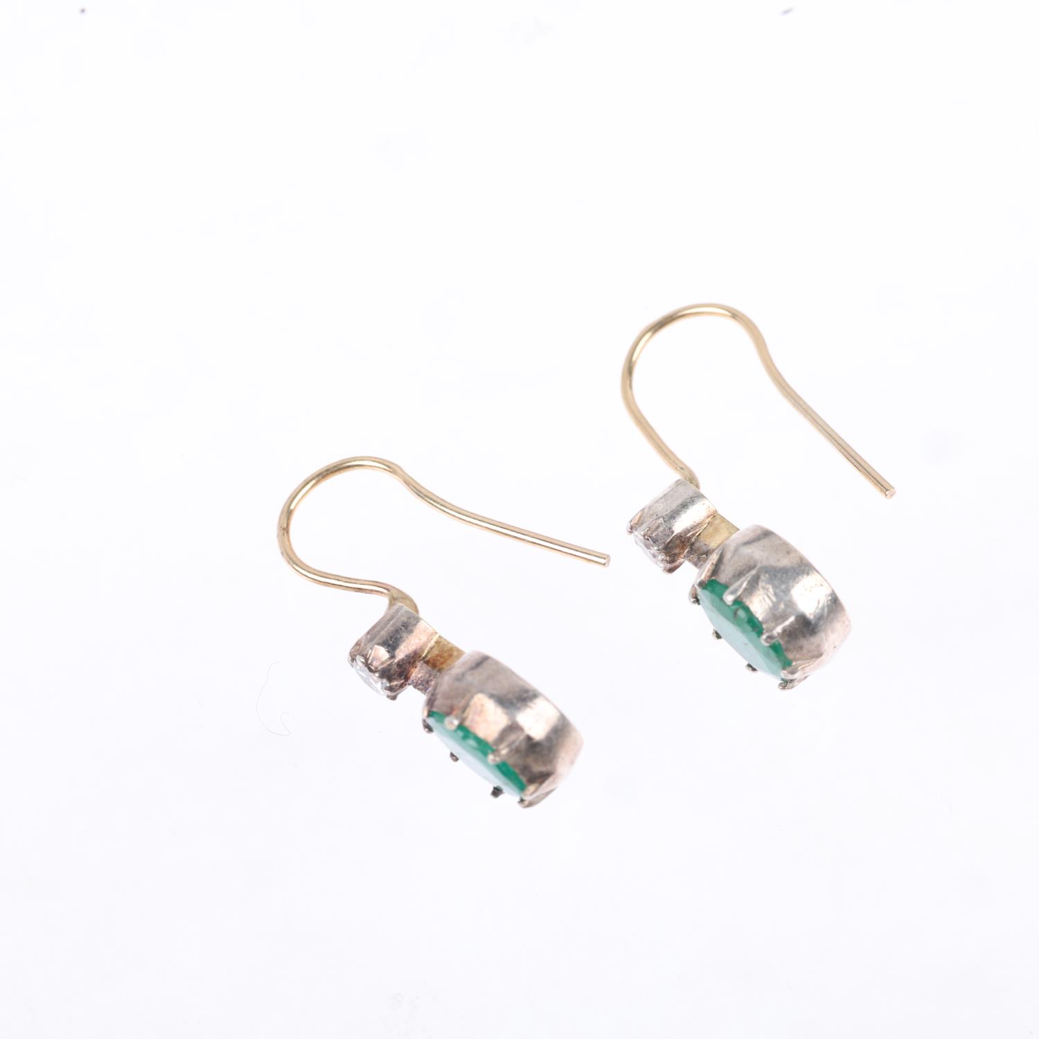 A pair of emerald and diamond drop earrings, in the Georgian style, cut-down collet set with round- - Image 2 of 4