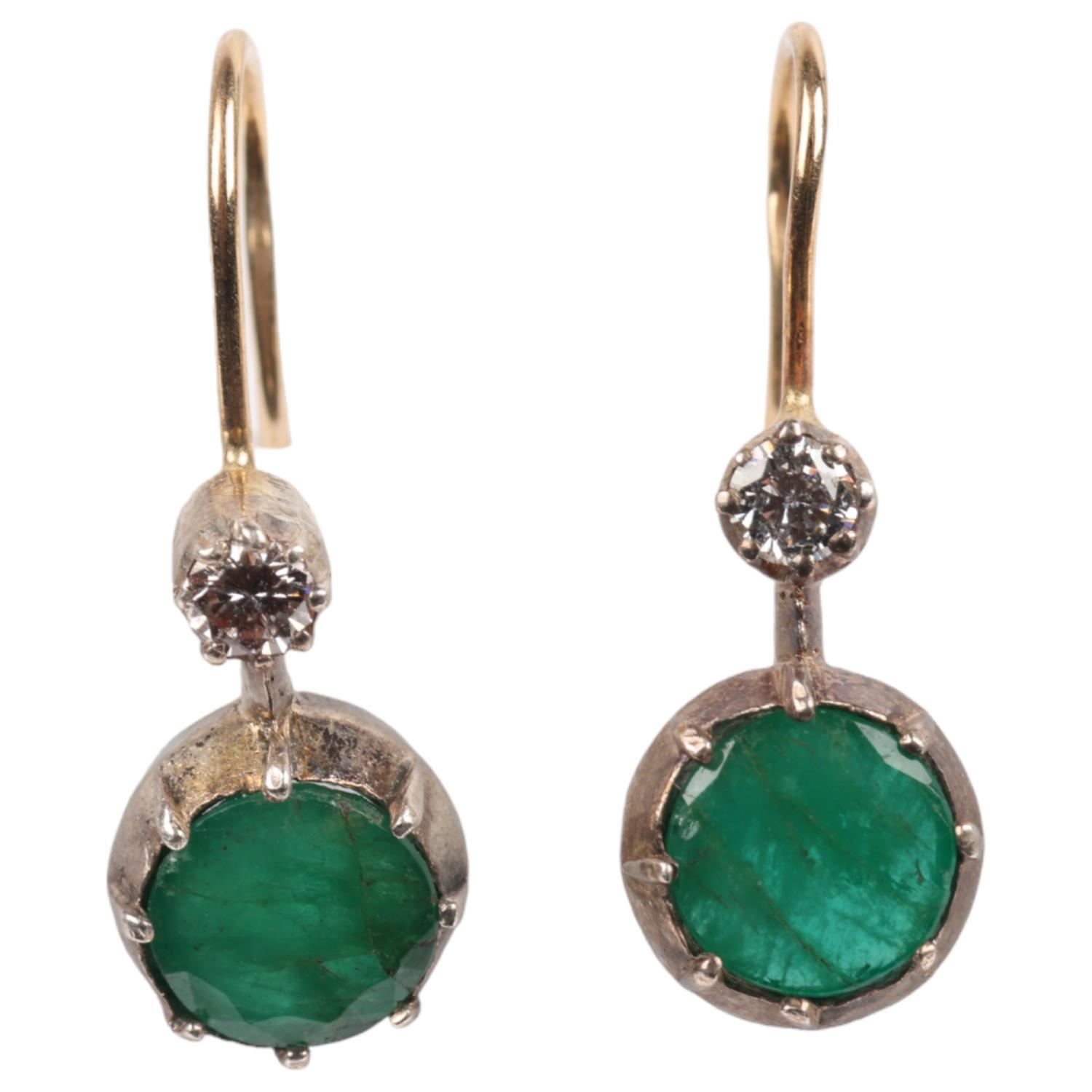 A pair of emerald and diamond drop earrings, in the Georgian style, cut-down collet set with round-