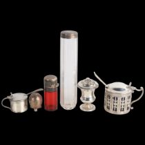 Various silver, including mustard pot, red glass scent bottle, toilet jar, etc Lot sold as seen