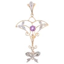 A 9ct gold amethyst and diamond openwork drop pendant, maker GA, in the Edwardian style, 49.4mm, 2.