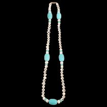 A single-row simulated turquoise and freshwater pearl bead necklace, 68cm, 92g No damage or