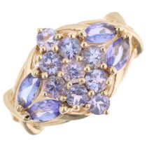 A 9ct gold tanzanite cluster dress ring, setting height 14.7mm, size P, 4.1g No damage or repair,