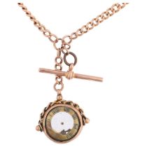 An Antique 9ct rose gold graduated curb link double-Albert chain necklace, with 9ct compass fob, 2 x