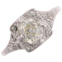 An Art Deco 0.65ct solitaire diamond panel ring, claw set with old-cut diamond surrounded by rose