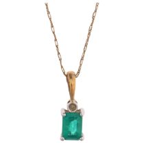 A 9ct gold emerald and diamond pendant necklace, on 9ct fine chain, pendant 17.5mm, chain 50cm, 1.6g