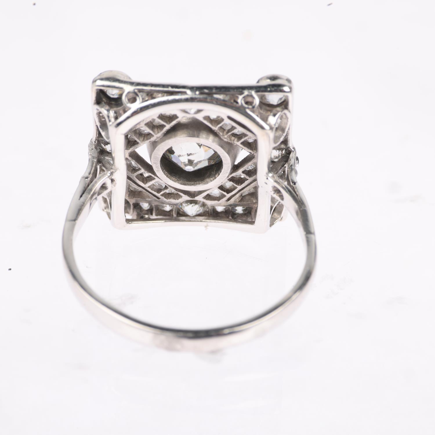 An Art Deco platinum diamond geometric panel ring, centrally set with 1.15ct old European-cut - Image 3 of 4