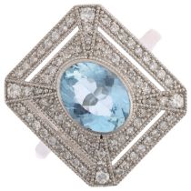 A platinum aquamarine and diamond panel ring, in the Art Deco style, rub-over set with 1.25ct oval