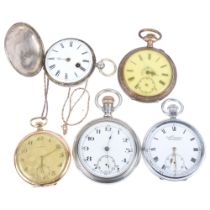 5 pocket watches, including Waltham sterling silver example, case width 55mm (5) Lot sold as seen