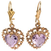 A pair of 9ct gold amethyst heart drop earrings, with French lock fittings, 24.7mm, 1.9g No damage
