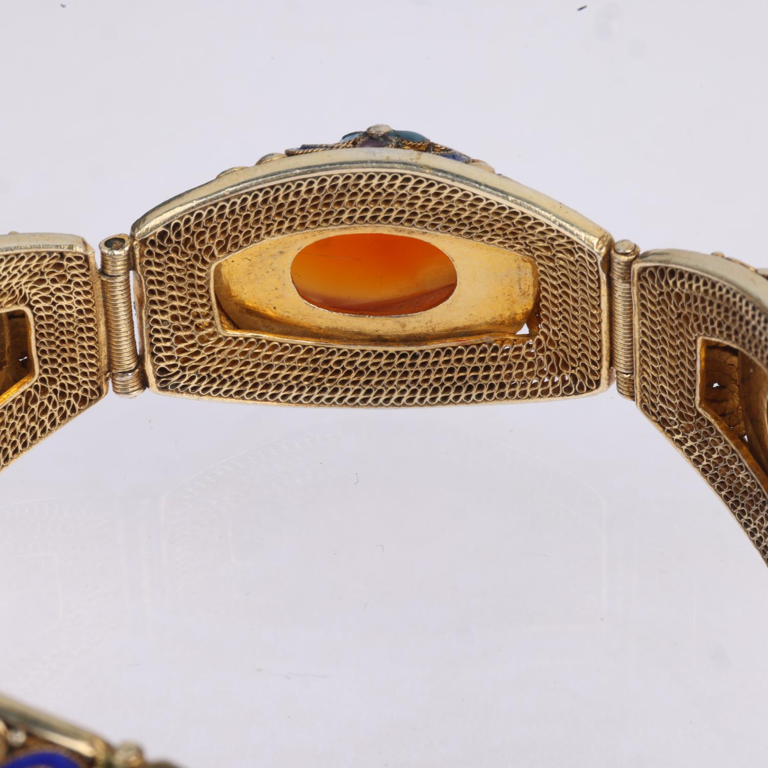 A Chinese silver-gilt carnelian and enamel panel bracelet, band width 19.5mm, internal circumference - Image 3 of 3