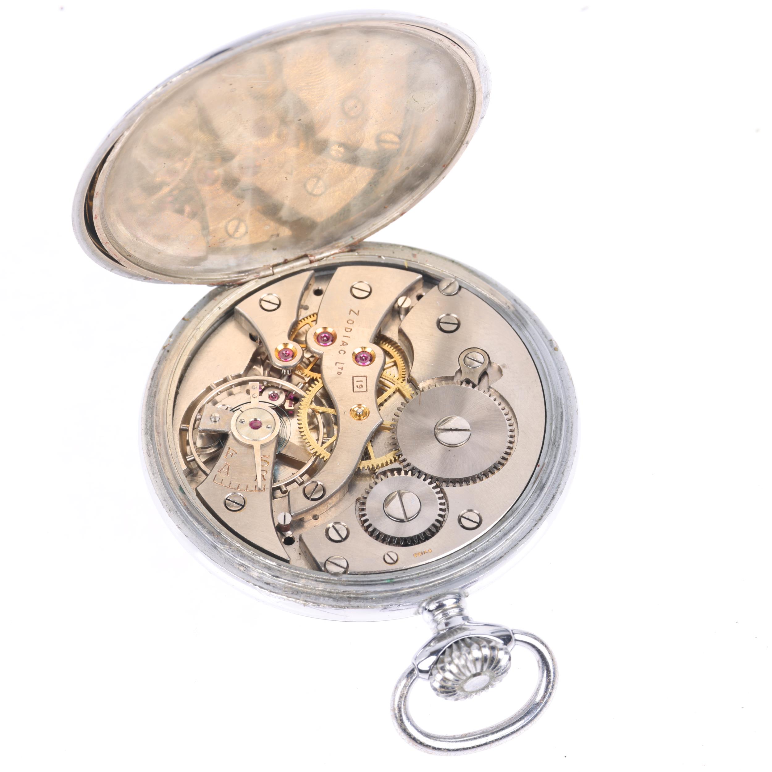 ZODIAC - an early 20th century nickel-cased open-face keyless pocket watch, silvered dial with - Image 4 of 5