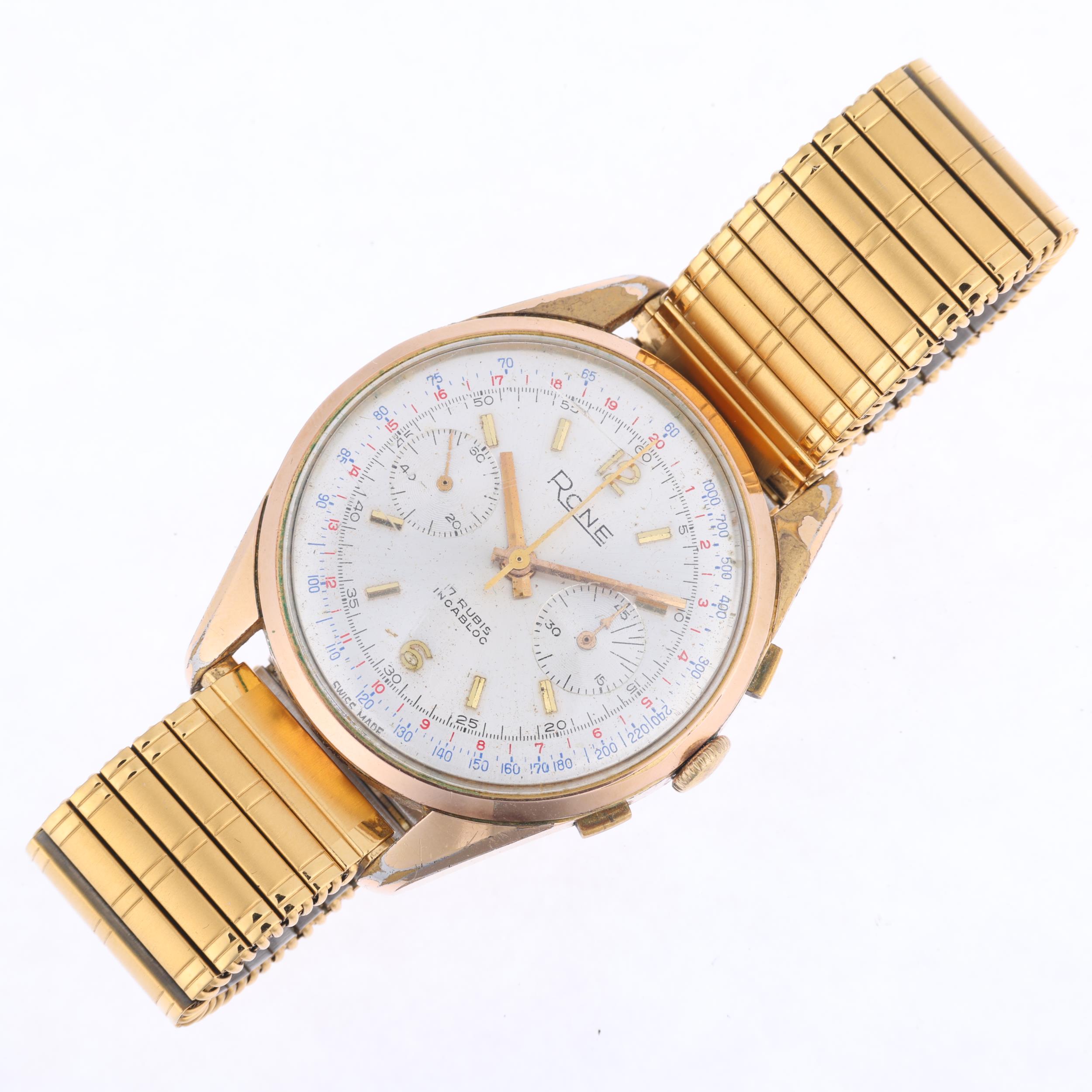 RONE - a Vintage gold plated stainless steel mechanical chronograph wristwatch, circa 1950s, - Image 2 of 5