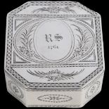 A fine George III silver table snuffbox, maker IR, London 1794, octagonal form, with bright-cut