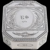 A fine George III silver table snuffbox, maker IR, London 1794, octagonal form, with bright-cut