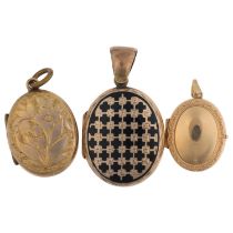 3 photo locket pendants, including black enamel example, 40.2mm, 18.9g gross (3) No damage or