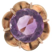 A late 20th century 9ct gold amethyst dress ring, setting height 17mm, size N, 4.9g No damage or