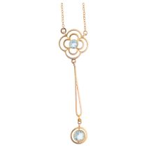 An Edwardian 9ct gold aquamarine openwork drop pendant necklace, on integral 9ct fine cable link