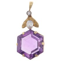 A 14ct gold amethyst Baroque pearl and white sapphire drop pendant, set with hexagonal step-cut