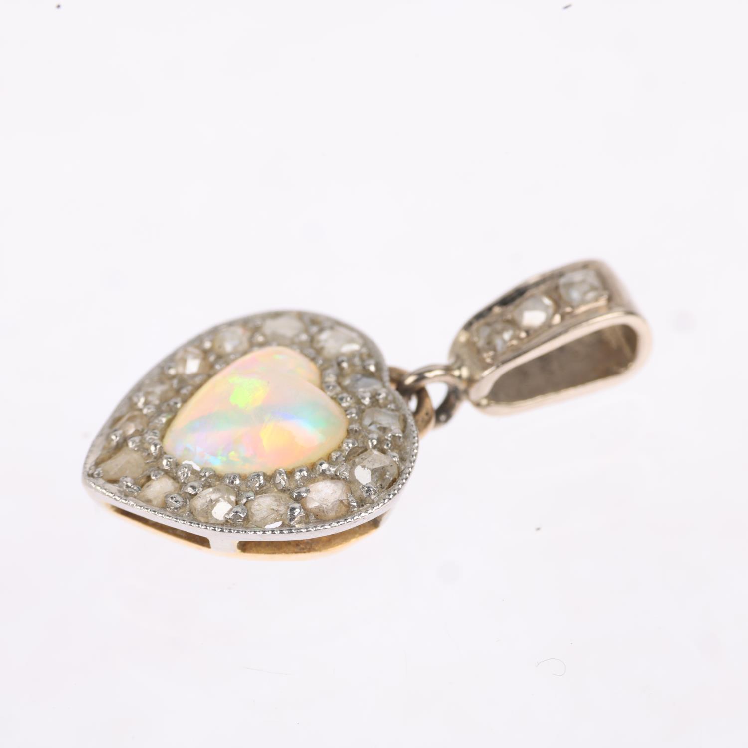 An early 20th century opal and diamond heart cluster drop pendant, circa 1910, centrally set with - Image 3 of 4