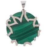 A modern malachite and diamond disc drop pendant, set with modern round brilliant-cut diamonds,