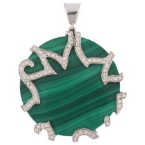 A modern malachite and diamond disc drop pendant, set with modern round brilliant-cut diamonds,