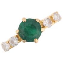 A modern emerald and diamond dress ring, apparently unmarked, setting height 7.2mm, size O, 2.4g