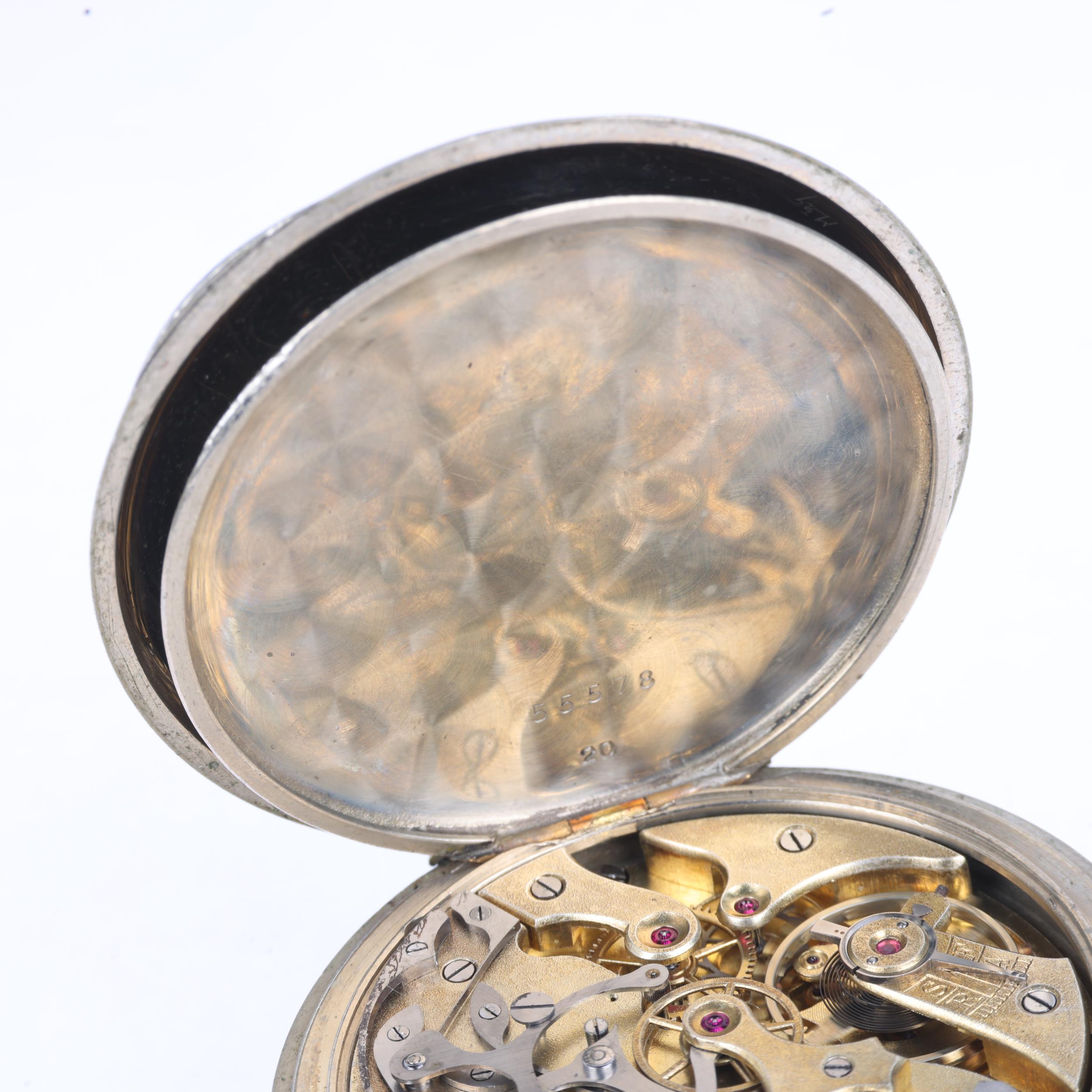 An early 20th century nickel open-face keyless chronograph pocket watch, white enamel dial with - Image 5 of 5