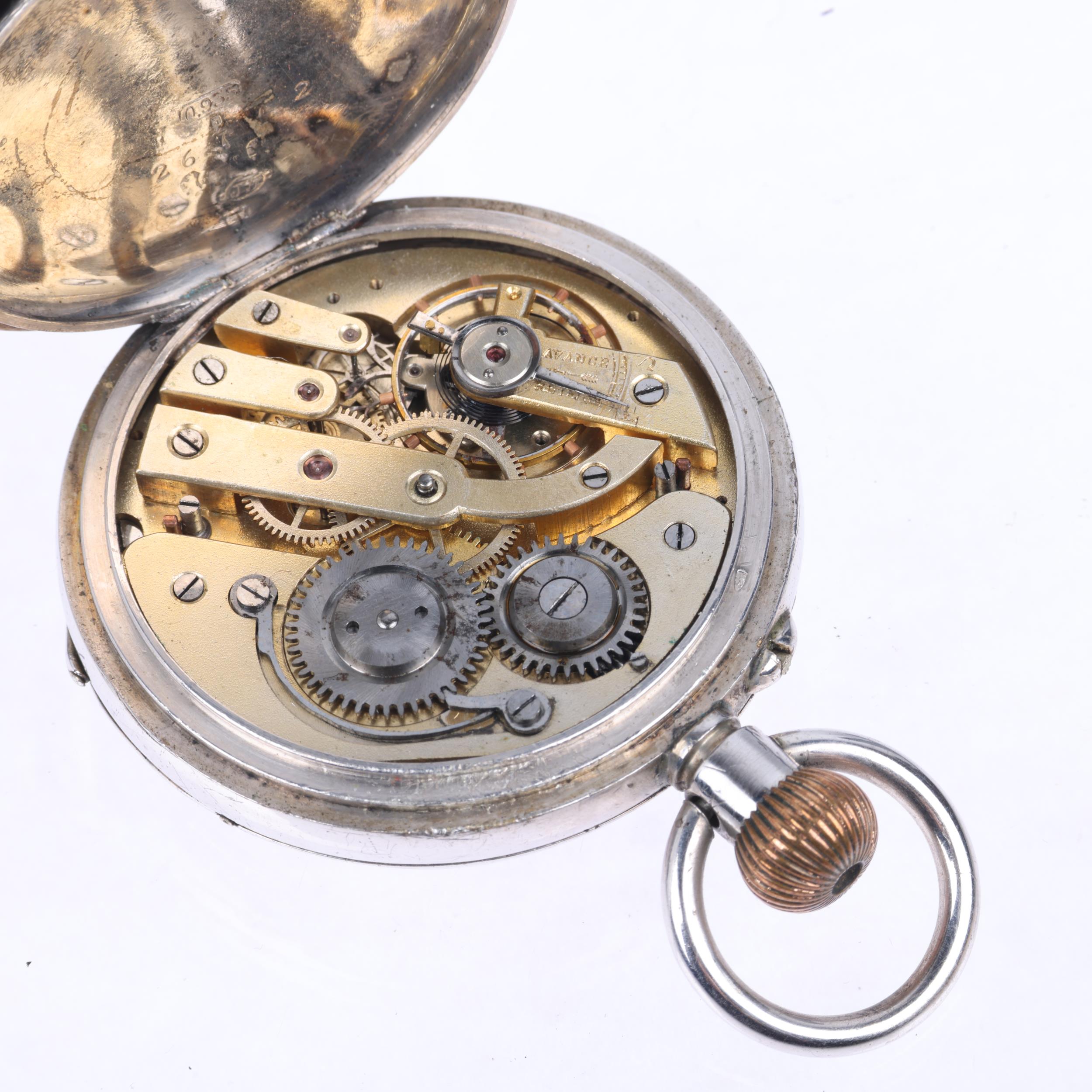A Continental silver moonphase triple calendar open-face keyless pocket watch, white enamel dial - Image 4 of 5