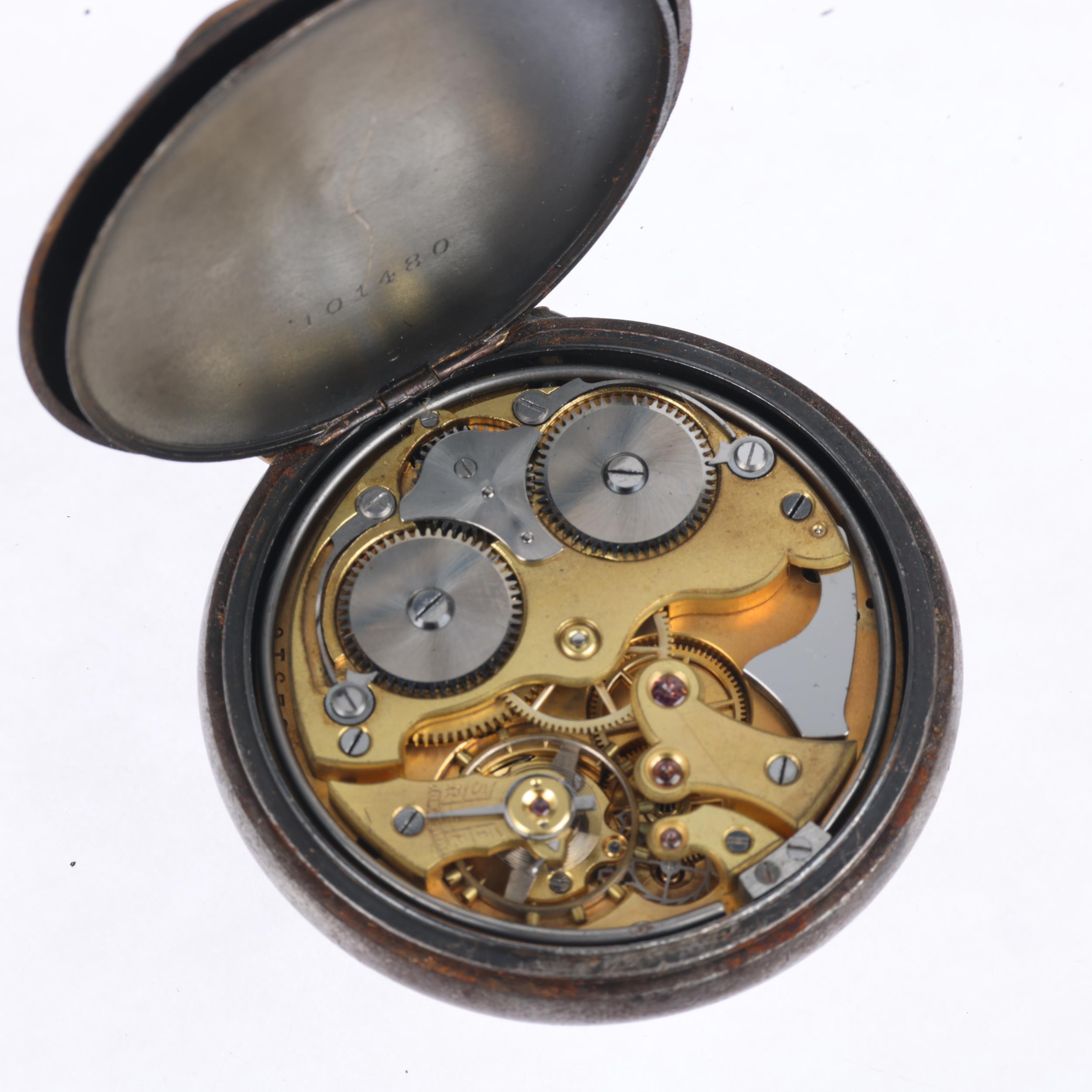 A First World War Period gun-metal open-face keyless alarm pocket watch, white enamel dial with - Image 4 of 5