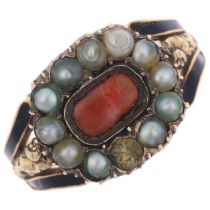 MILITARY INTEREST - a 19th century split pearl and black enamel cluster mourning ring, bearing later