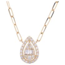 A modern 14ct gold diamond pear halo cluster pendant necklace, pave set with tapered baguette and