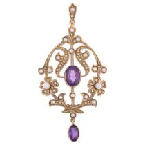 A late 20th century 9ct gold amethyst and pearl openwork pendant necklace, in the Edwardian style,
