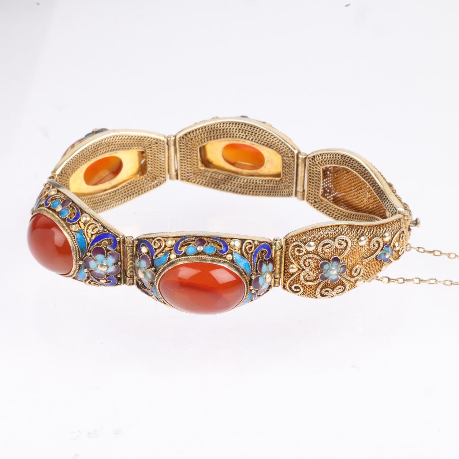A Chinese silver-gilt carnelian and enamel panel bracelet, band width 19.5mm, internal circumference - Image 2 of 3