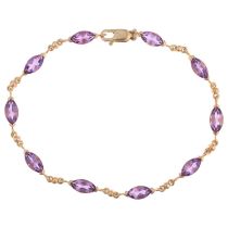 A 9ct gold amethyst tennis line bracelet, set with marquise-cut amethysts, 18cm, 6g No damage or