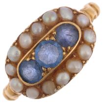 A 19th century 18ct gold sapphire and split pearl oval cluster ring, Birmingham 1898, setting height