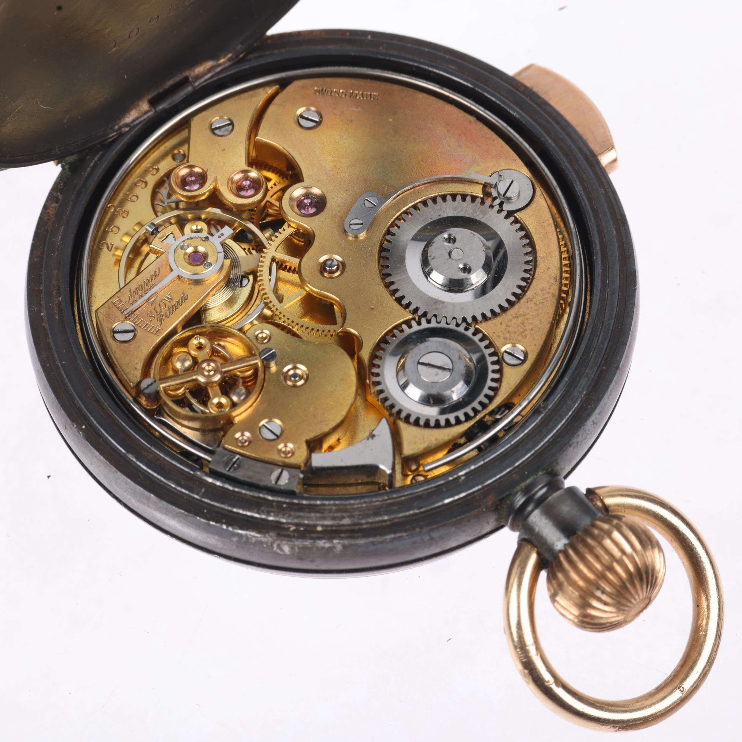 An early 20th century gunmetal quarter repeater open-face keyless pocket watch, white enamel dial - Image 4 of 5