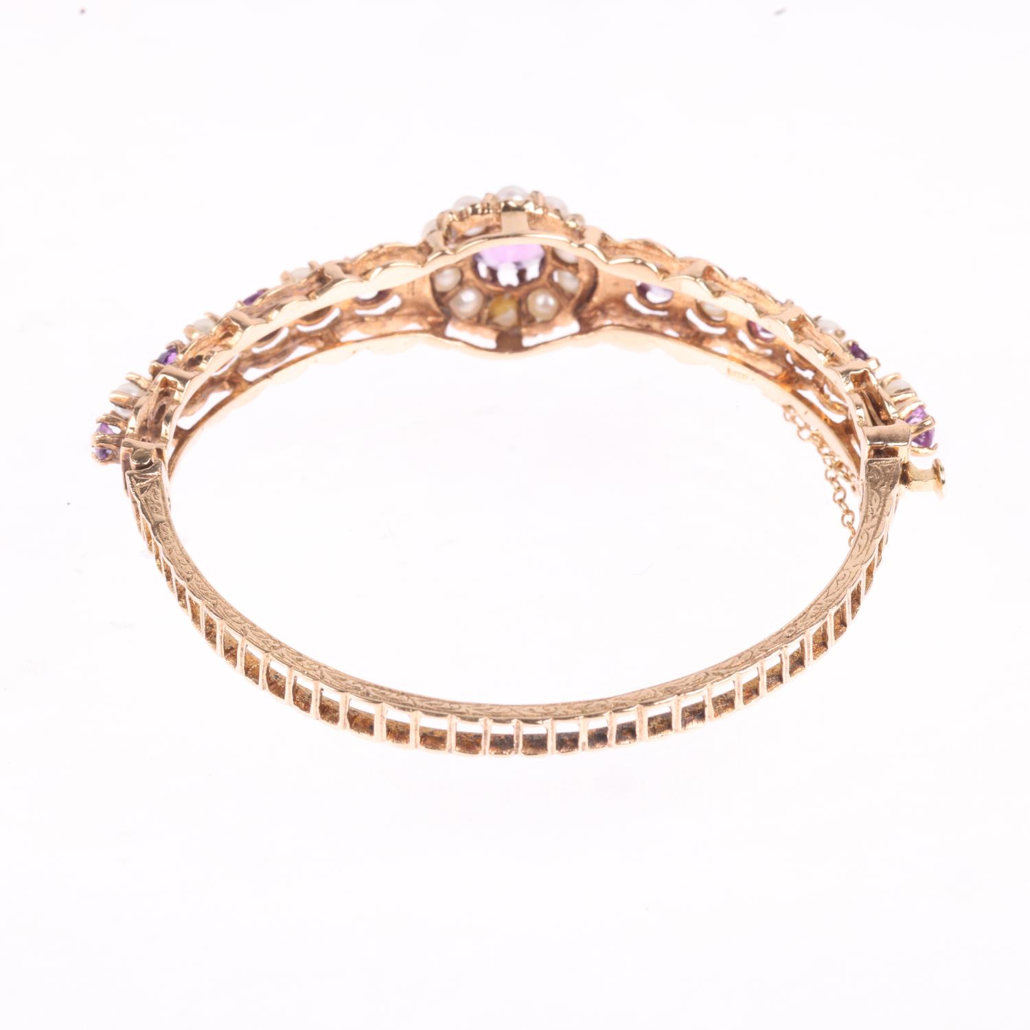 A late 20th century 9ct gold amethyst and pearl cluster hinged bangle, no maker's mark of date - Image 3 of 4