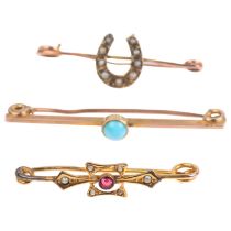 3 Antique bar brooches, including pearl lucky horseshoe example, 3g gross (3) Lot sold as seen