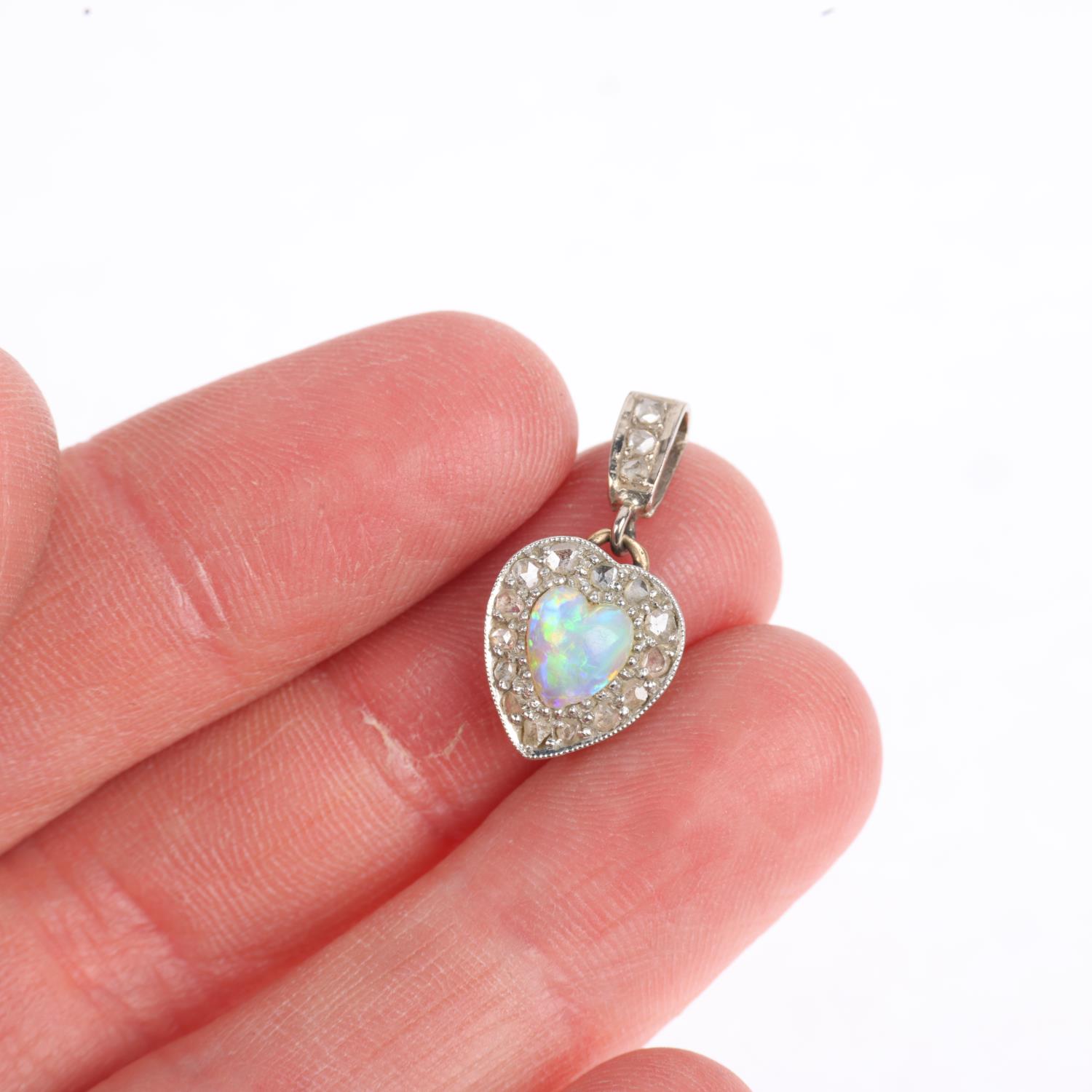 An early 20th century opal and diamond heart cluster drop pendant, circa 1910, centrally set with - Image 4 of 4