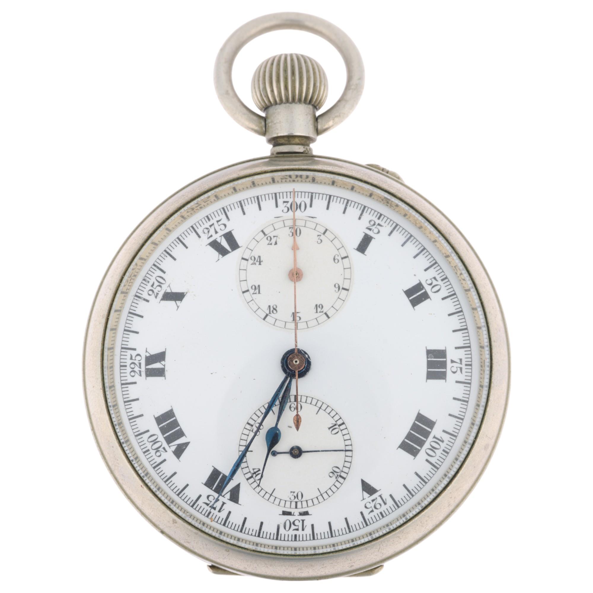 An early 20th century nickel open-face keyless chronograph pocket watch, white enamel dial with