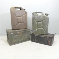 Two vintage Jerry cans, and two ammunition boxes. Largest 48x31x24cm.