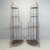 A pair of metal faux-bamboo design folding corner stands. 78x185x51cm. These are modern pieces in