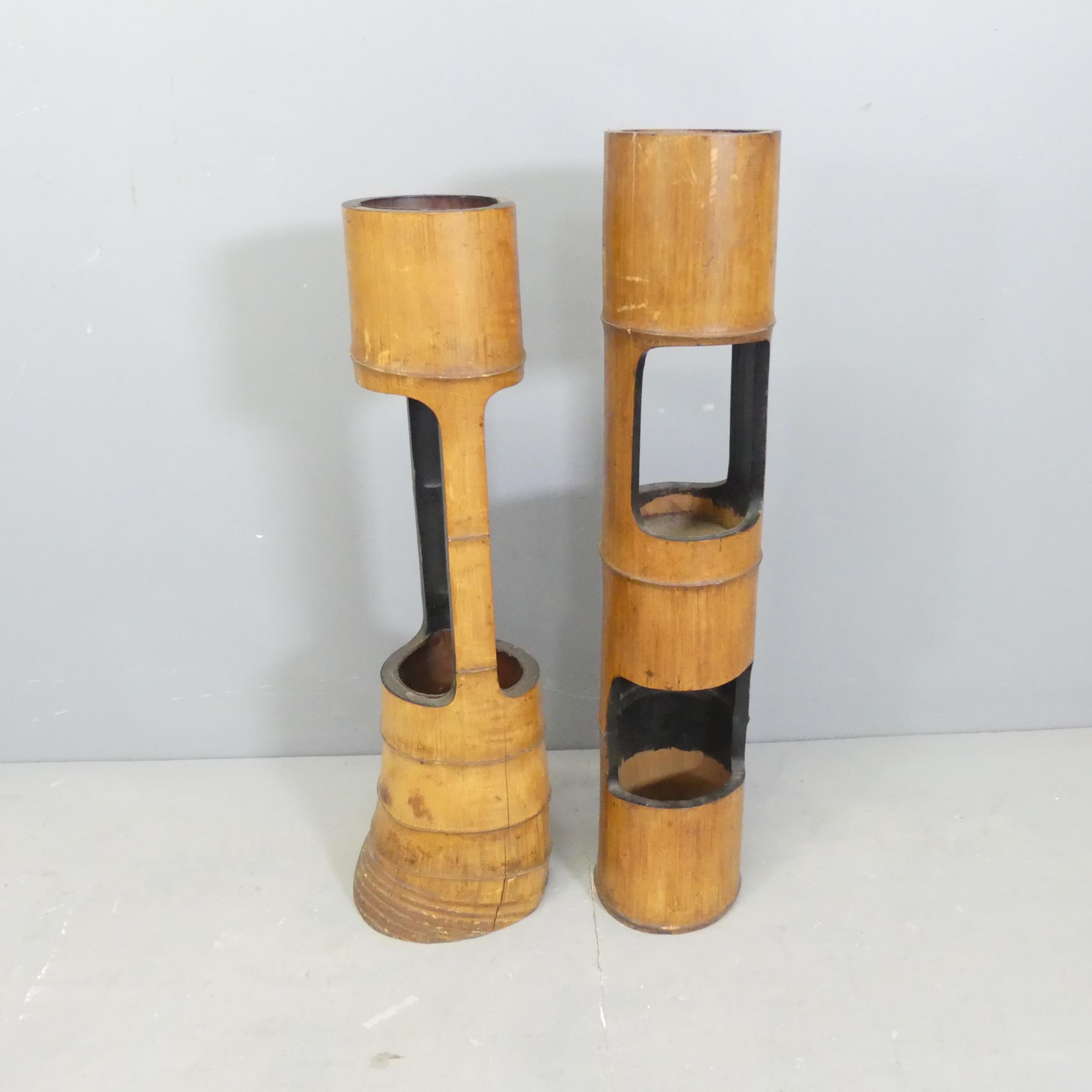 A pair of similar Japanese bamboo plant stands. Tallest 82cm. One split to top tier which requires