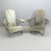 A pair of weathered teak Adirondack garden chairs. Overall 78x90x90cm, seat 48x36x40cm. One has a