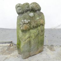 A carved stone sculpture of a six figure family group. 33x59x30cm.