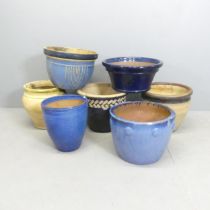 Seven various glazed ceramic garden pots. Tallest 31cm.