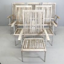 A set of six weathered teak folding and reclining garden chairs. Labelled MIR. Two exhibit broken