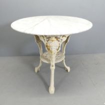 A circular marble topped garden table on painted cast iron frame. 80x72cm. Good condition. Top not