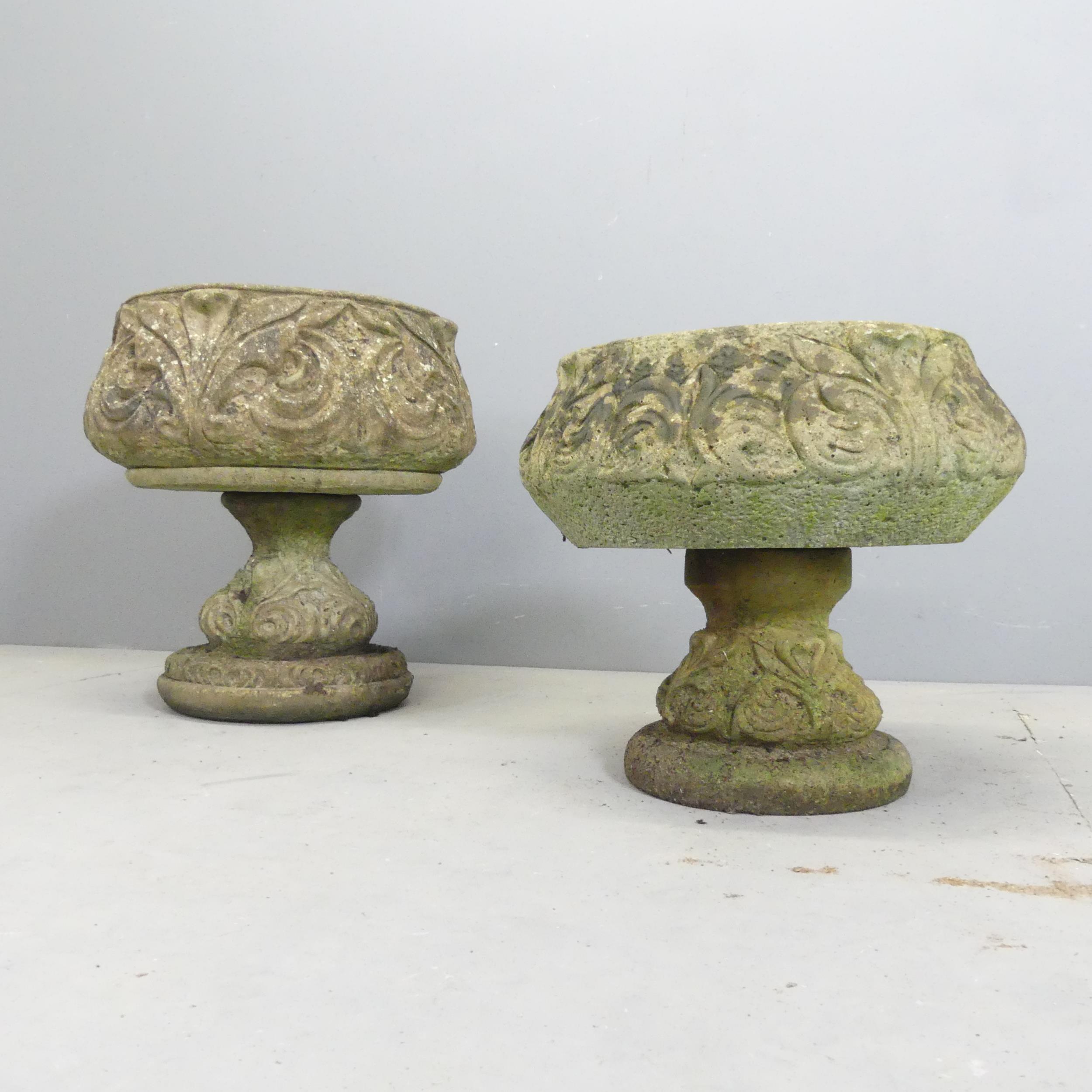 Two similar weathered concrete garden urns on stands, with acanthus leaf decoration. Largest - Image 4 of 4