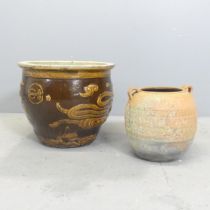 A Chinese glazed ceramic plant pot, 38x31cm, and a smaller greek style plant pot. (2)